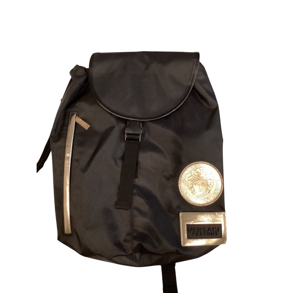 Versace Parfums Black Nylon Medusa Logo Drawstring Backpack Bag Gold‎ Accents